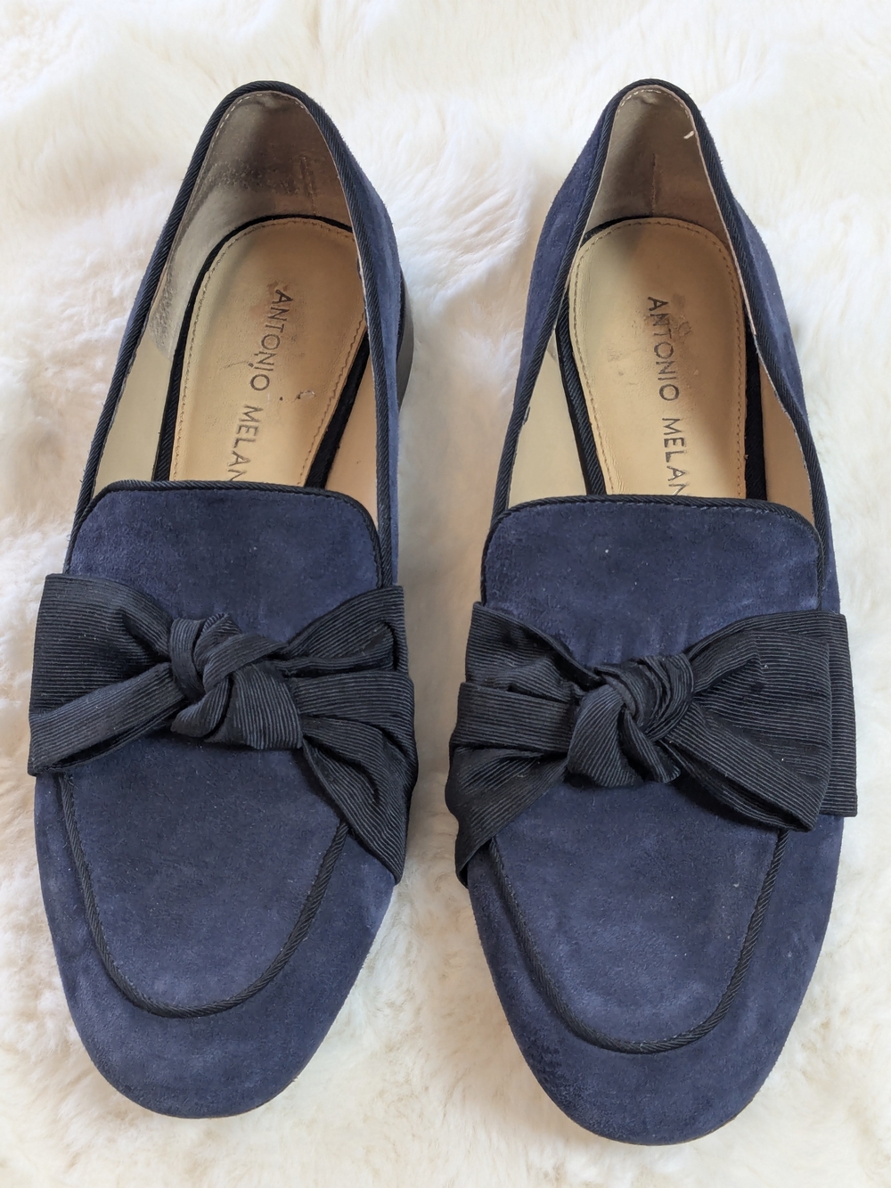 Antonio Melani Navy Suede Bow Loafers Women’s 8M Leather Slip On Flats